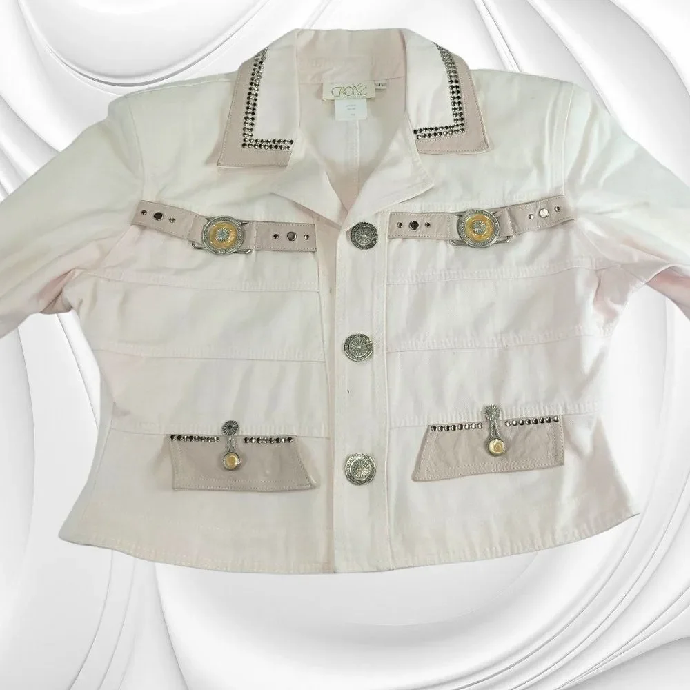 Cache vintage 80s soft pink rivet straps medallion faux leather denim jacket